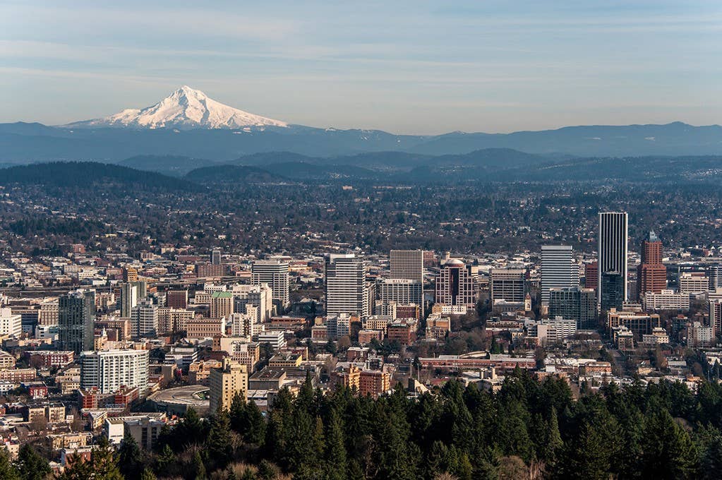 View of Mt. Hood across Portland from Pittock Mansion