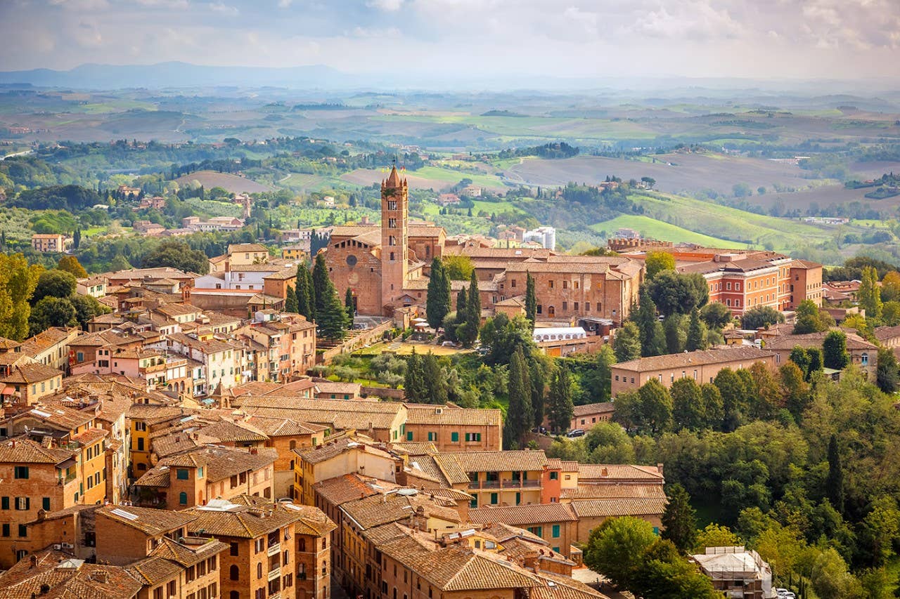 Aerial view over city of Siena, Italy